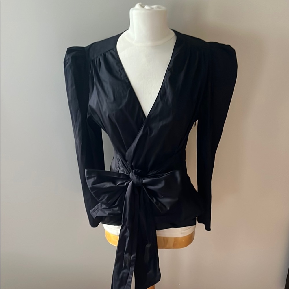 Zara Black Wrap Blouse with Puff Sleeves